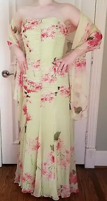Melinda Eng Dress 8 Green Pink Floral Silk Full Length Mermaid With Wrap • $31.96