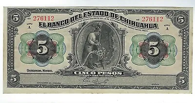 Mexican Currency El Banco Del Estado De Chihuahua 5 Pesos 1913 • $79.95