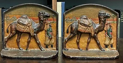 ANTIQUE PAIR HAND-PAINTED EGYPTIAN REVIVAL CAST IRON BOOKENDS - 1880s-1920s • $325