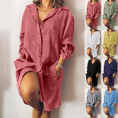 $36 • Buy Women Cotton Linen Shirt Dress Button Down Long Sleeve With Pocket Knee Length ！