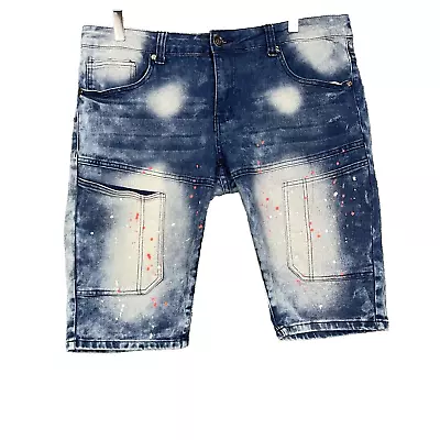 Mecca Shorts Men 34 Blue Jeans Bleach Tie Dye Paint Splatter Denim Retro Stretch • $24.88