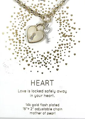 Unwritten 14k Gold Pl Key And Genuine Mother Of Pearl Inlay Stone Heart Necklace • $13.48