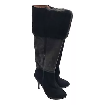 B. MAKOWSKY Shoes WOMEN 6 BLACK/GRAY SUEDE FAUX FUR TRIM KNEE HIGH KATE BOOTS  • $26.99