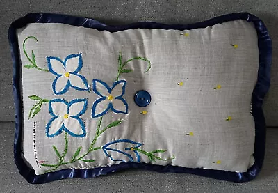 Vintage Hankie Cottage Neck Pillow Blue White Yellow Flower Green 11 X 7 Inches • $4.79