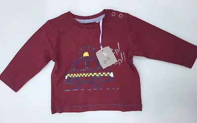 Baby Boy Burgundy Long Sleeve T Shirt With Police Car & Beep Beep Detail • £5.99