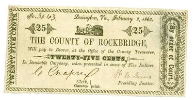 1863 25 Cents County Of Rockbridge VIRGINIA Note - CIVIL WAR Era Banknotes • $189.99