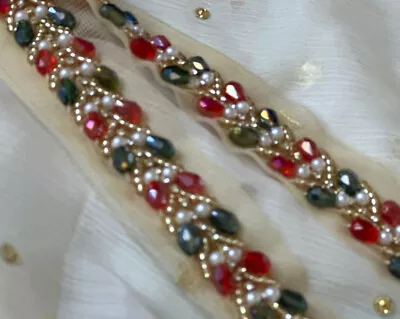 1yd Red Green Pearl Crystal Diamante Beaded Lace Ribbon Dress Sewing TrimAppliqu • £4.50