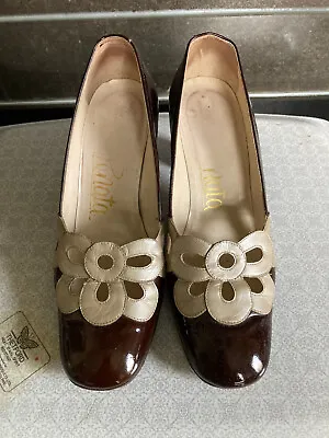 £23.99 • Buy Vintage Shoes Brown & Cream Pearlised Patent Leather Shoes Leather Soles Sz 35.5