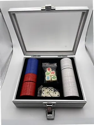 Metal Outer Box With 80 Gambling Poker Chips Plus 5 Dice And Five Poker Dice • £7.99