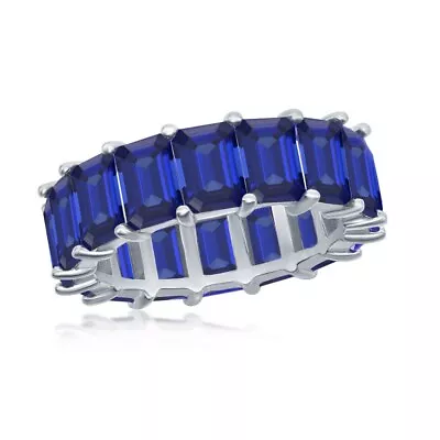 Silver 6mm Created Sapphire Rectangle Radiant-Cut Eternity Band Ring • $63