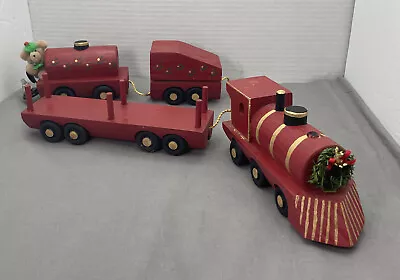 Vintage 4 Piece Wooden Train Set Red Holiday Theme • $12.99