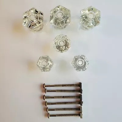 Vtg Hardware Lot Of 6 Clear Glass 6 And 10 Sided Drawer Pulls 2 Sizes READ DESC • $14.50