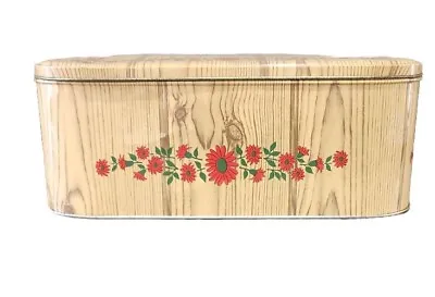 Vintage Tin Bread Box With Faux Woodgrain And Red Flowers  • $30