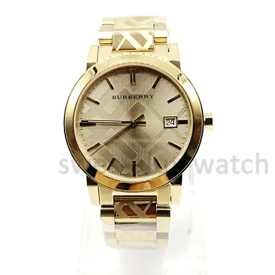 BURBERRY BU9038 Unisex Watch Champagne Check Stamped Dial Gold Tone Bracelet • $202