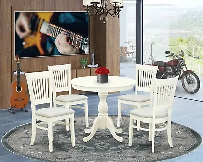 5pc Kitchen Dinette 36  Round Pedestal Table + 4 Padded Dining Chairs Off-white • $540