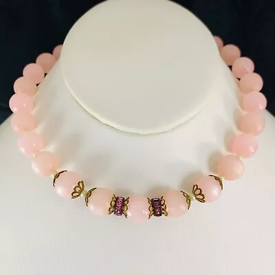 Vintage Smaller Size 14  Pink Moonglow Lucite Beaded Rhinestone Necklace • $19.99