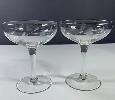 Vintage Champagne Coupe Glasses Floral Etched Pattern 1930's-40's Set Of 2 • $44.99