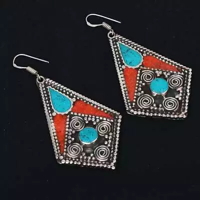 Tibetan Turquoise Coral Handmade Drop Dangle Earrings Jewelry 2.72  AE-14174 • $3.99