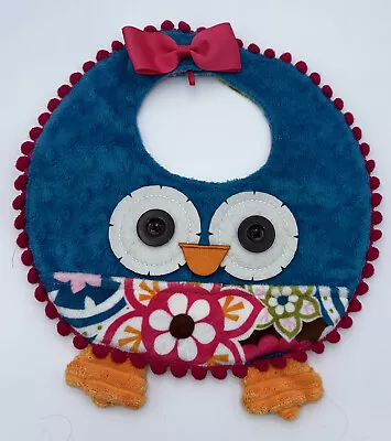 Mud Pie Forest Friends Bright Colorful Owl Minky Bib W/ Pink Bow • $10.95