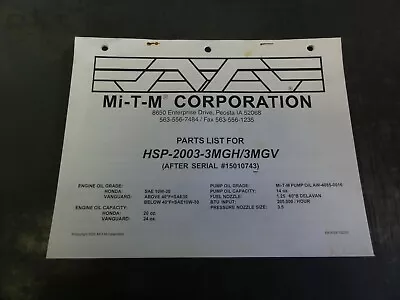 Mi-T-M Corporation HSP-2003-3MGH/3MGV Pressure Washer Parts List Manual • $15