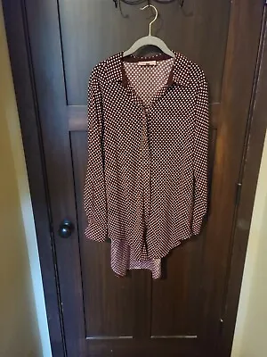 EUC Women's Philosophy By Republic Wine Burgandy Polka Dot Satin Dress Sz Large • $14.99