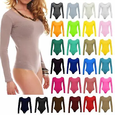 Womens Girls Long Sleeve Stretch Bodysuit Ladies Leotard Body Top T-shirt 8-14 • £19.95