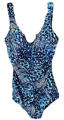 Maxine Of Hollywood Sz 16 Swimsuit Front Shirred Black Aqua & Magenta Print • $21