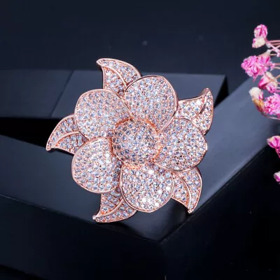 CWWZircons Luxury Flower Leaf Micro Pave CZ Big Rose Gold Bridal Ring Jewelry • $10.34