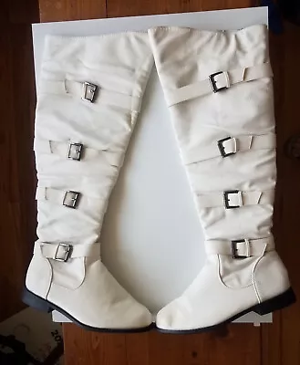 Retro Vintage Biker Thigh High White Boots Side Belts And Zipper Flats Size 8.5  • $24