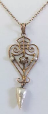 Vtg Art Deco 10K Solid Rose Gold Genuine Pearl Diamond Lavalier Pendant Necklace • $119.99