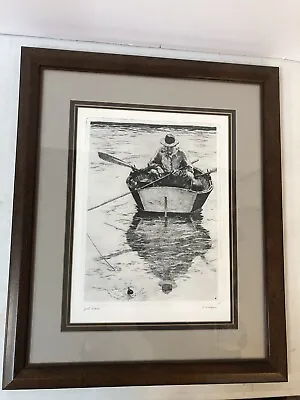 Vintage R. H. Palenske Fishing Scene FISHIN' Man In Row Boat With Bobbin Framed • $33.25