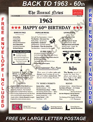 £4.99 • Buy 60th Happy Birthday Gift, Born In 1963 Present, Party Decor News Poster 60 Years