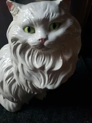 Vintage Ceramic Cat Green Eyes White Opalescent Sitting Statue Large 14''. Retro • $22.99