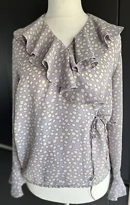 Jacques Vert Vintage 80's Wrap Blouse Size 12 With Ruffle Frill Grey/Lilac • $16.17