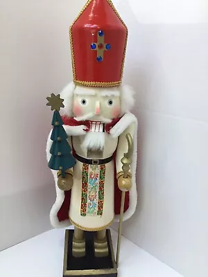 Vintage Nut Cracker 20.9 Inches Rare Unique White Red Jeweled Hat Ribbon Front • $55