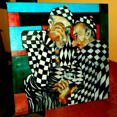 35x35 Large Vtg Modernist Cubist Chess Players Painting Signed Nelson Martinez • $280
