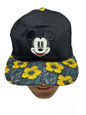 TROPICAL MICKEY MOUSE SNAPBACK HAT Black Yellow Floral Print Disney ADULT OSFM • $11.99