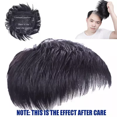 Men's Black Human Hair Topper Toupee Clip Hairpiece Top Wigs Short Male Wig • $11.86