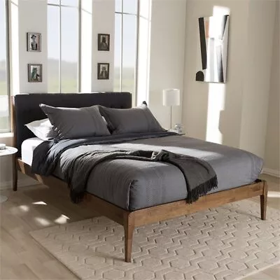 Bowery Hill Mid-Century Fabric/Wood Queen Platform Bed In Gray/Walnut Brown • $396.75