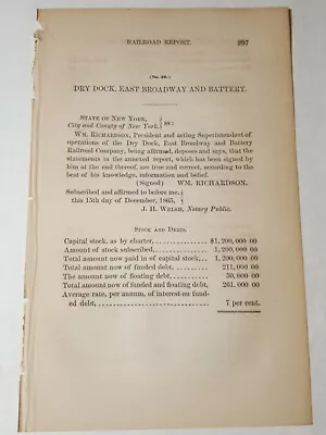 Horse Drawn Streetcar 1865 Report DRY DOCK EAST BROADWAY & BATTERY RAILROAD NYC • $11.95