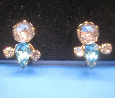 Van Dell Vtg 1950s/60s EARRINGS Screwback Gold Filled Blue Clear Rhinestones • $14.77