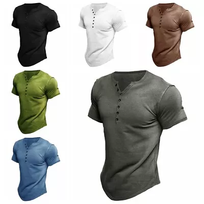 Henley T Shirt Men Solid Blue Brown Black Green Short Sleeve Button Up Silky Tee • $25.86