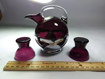 Vintage Farber Bros New York Chrome Amethyst Glass Decanter  2 Cordial Glasses  • $39.95