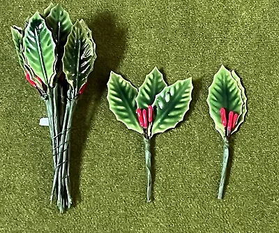 1 Pack 36 Vtg Lacquered Holly Leaves/Red Berry Wired Stems Millinery Xmas Picks • $11.99