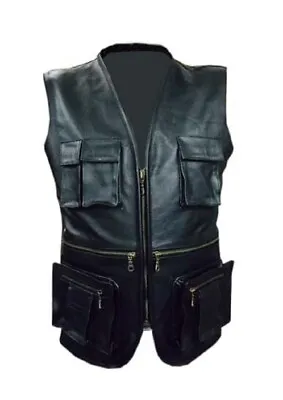 Mens Biker Style Vest Real Cow Leather Black Motorcycle Waistcoat • £64.99