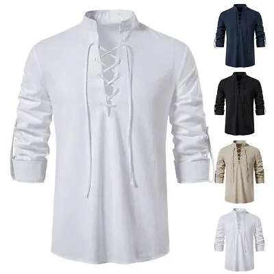 Mens Medieval Cosplay T-Shirt Lace Up V Neck Shirts Blouse Tops Clothes Costume • £13.67