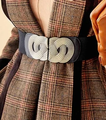 Wide Elasticated Belt Brass Large Buckle Dress Coat Outfit Accessories New • £12.99