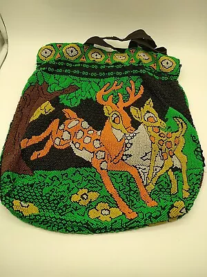 Beaded Hobo Drawstring Purse Bag Tote Candy Beads Boho Deer Vintage Black  • $17.50