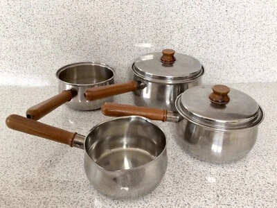 £49.95 • Buy Vintage Prestige Lifetime 3 X Saucepans, 1 X Milk Pan Copper Bottom, Wood Handle