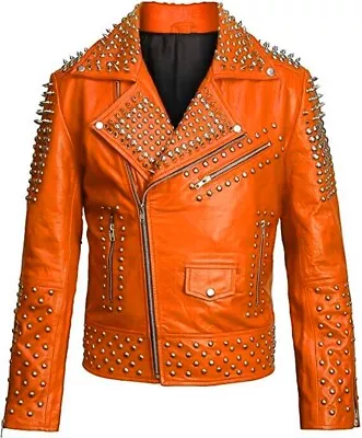 Men's Vintage Punk Orange Silver Spiked Studded Brando Motorcycle Leather Jacket • $152.99